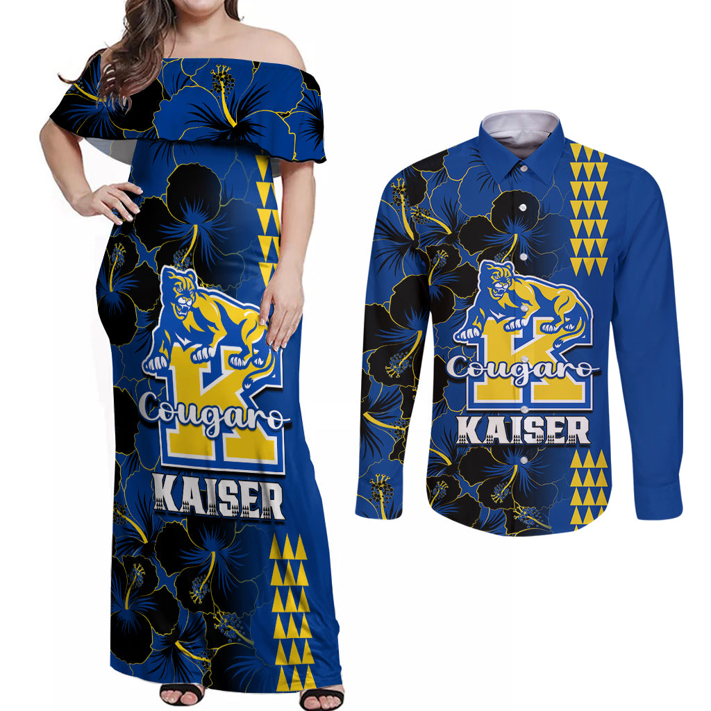 Hawaii Kaiser High School Couples Matching Off Shoulder Maxi Dress and Long Sleeve Button Shirts Kakau Mix Hibiscus Happy 52nd Anniversary - Wonder Print Shop