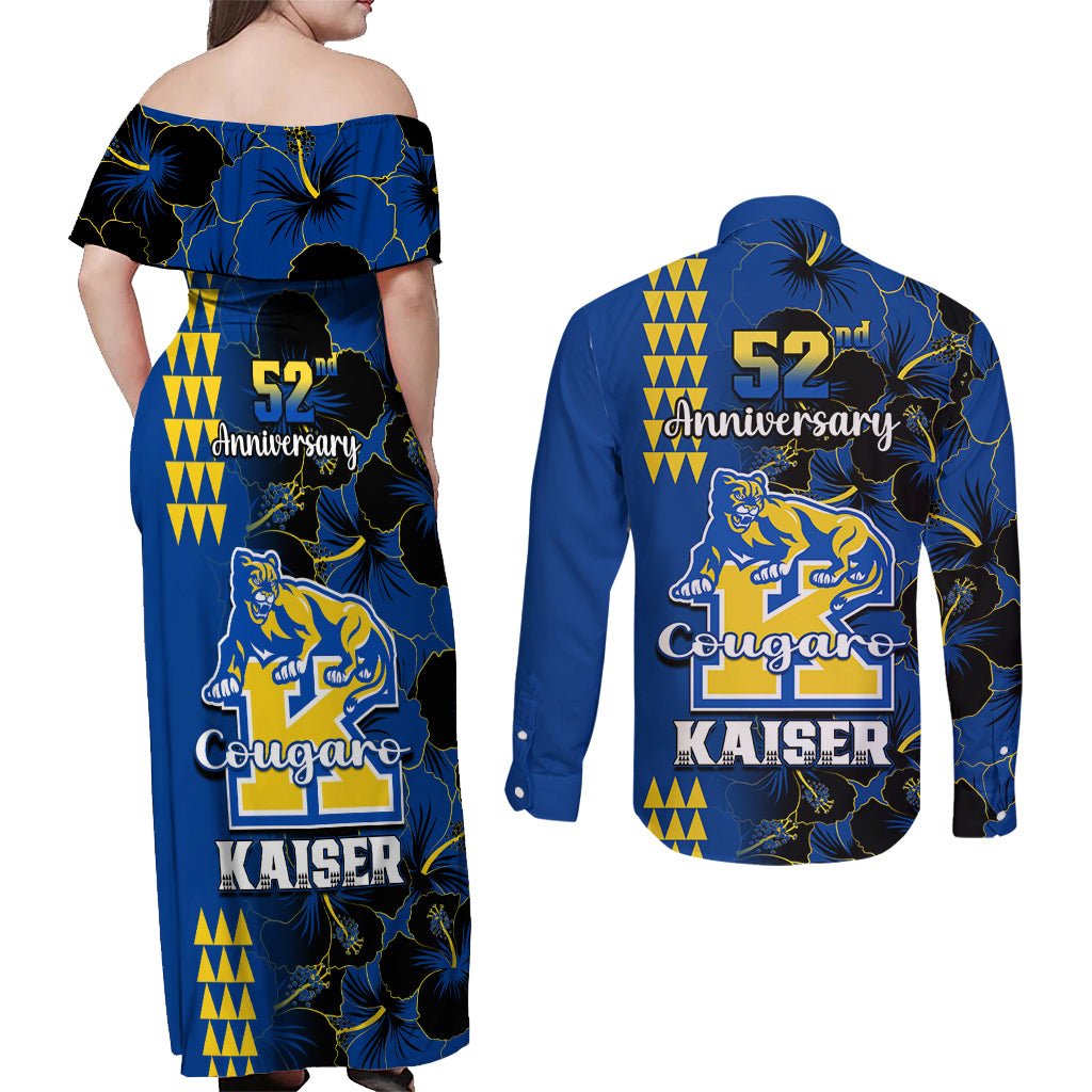 Hawaii Kaiser High School Couples Matching Off Shoulder Maxi Dress and Long Sleeve Button Shirts Kakau Mix Hibiscus Happy 52nd Anniversary - Wonder Print Shop