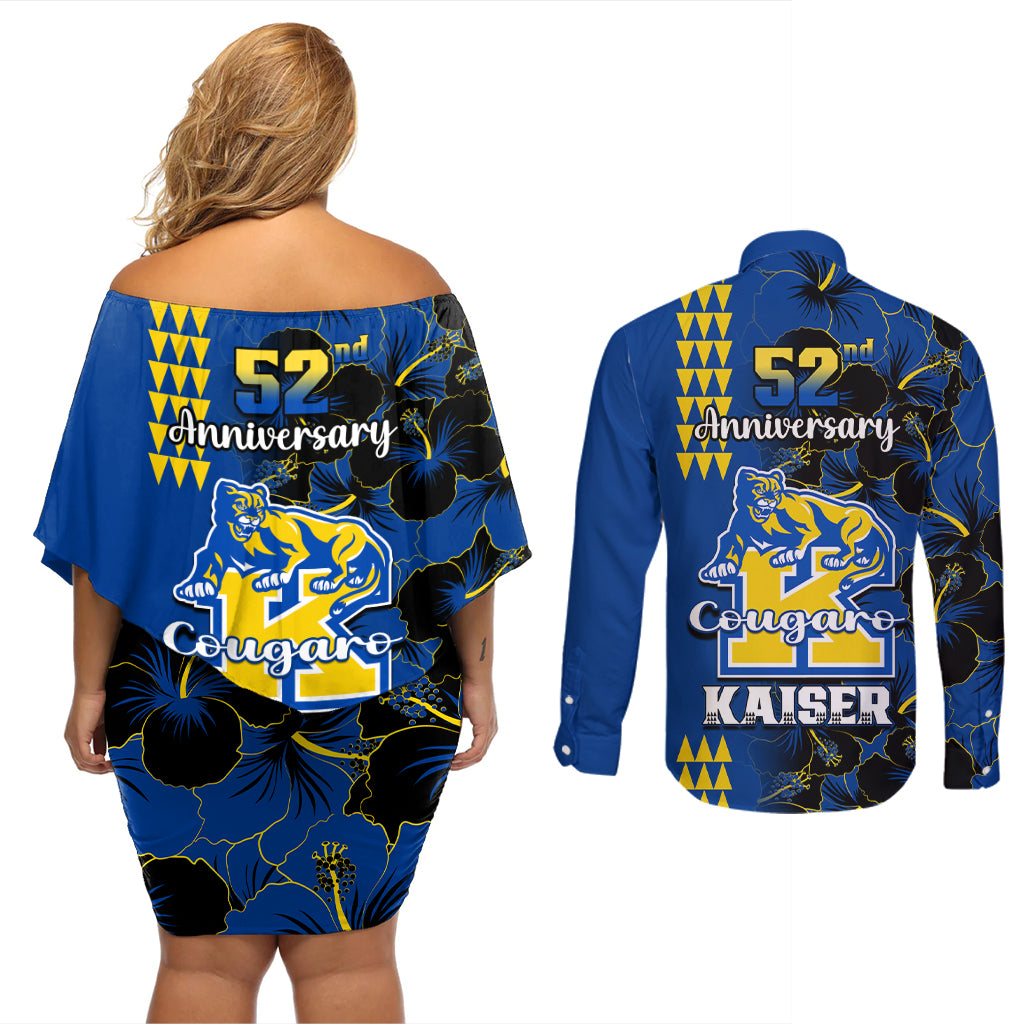 Hawaii Kaiser High School Couples Matching Off Shoulder Short Dress and Long Sleeve Button Shirts Kakau Mix Hibiscus Happy 52nd Anniversary - Wonder Print Shop