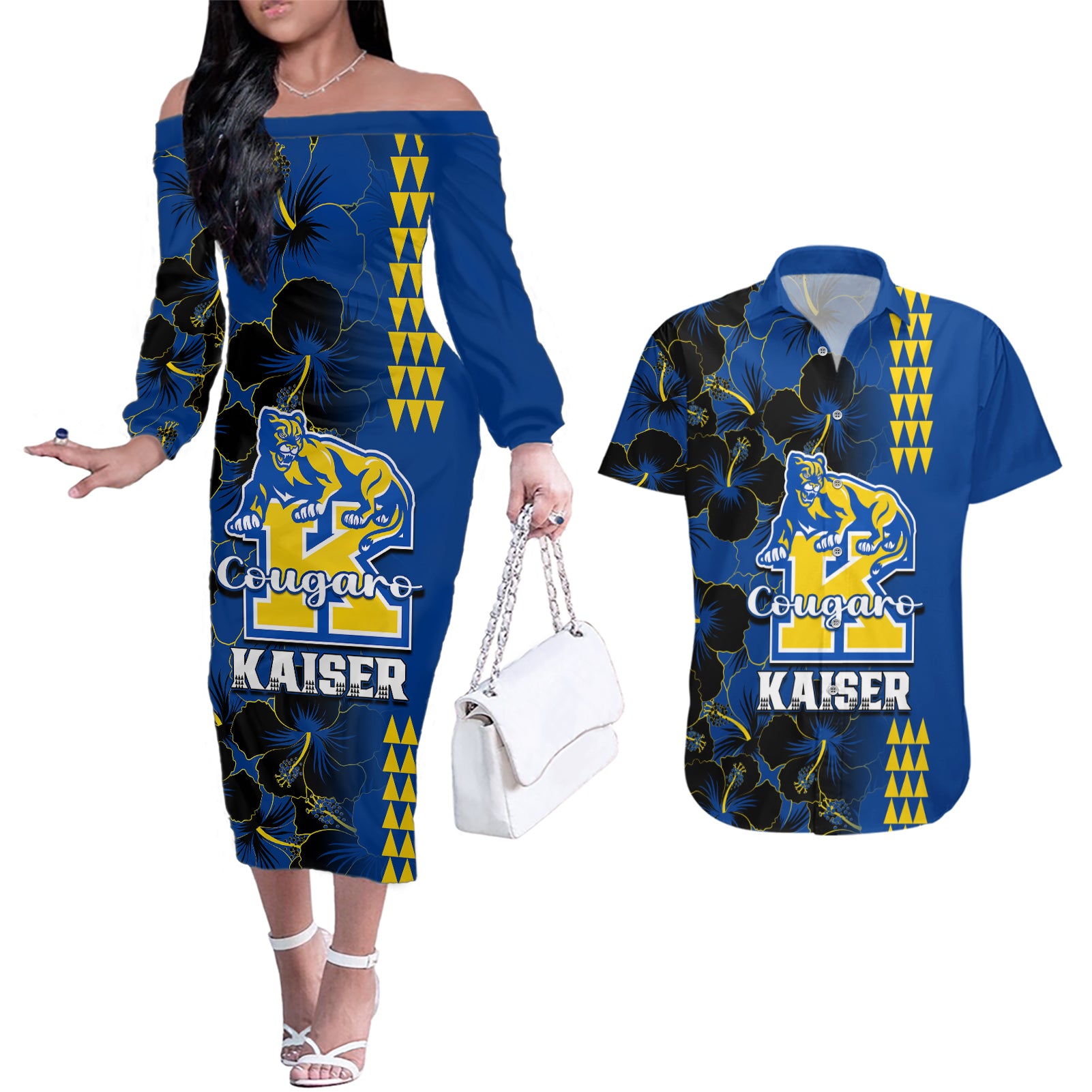 Hawaii Kaiser High School Couples Matching Off The Shoulder Long Sleeve Dress and Hawaiian Shirt Kakau Mix Hibiscus Happy 52nd Anniversary - Wonder Print Shop