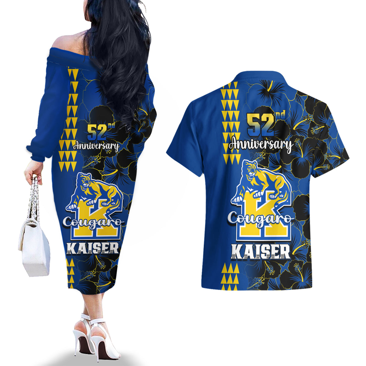 Hawaii Kaiser High School Couples Matching Off The Shoulder Long Sleeve Dress and Hawaiian Shirt Kakau Mix Hibiscus Happy 52nd Anniversary - Wonder Print Shop
