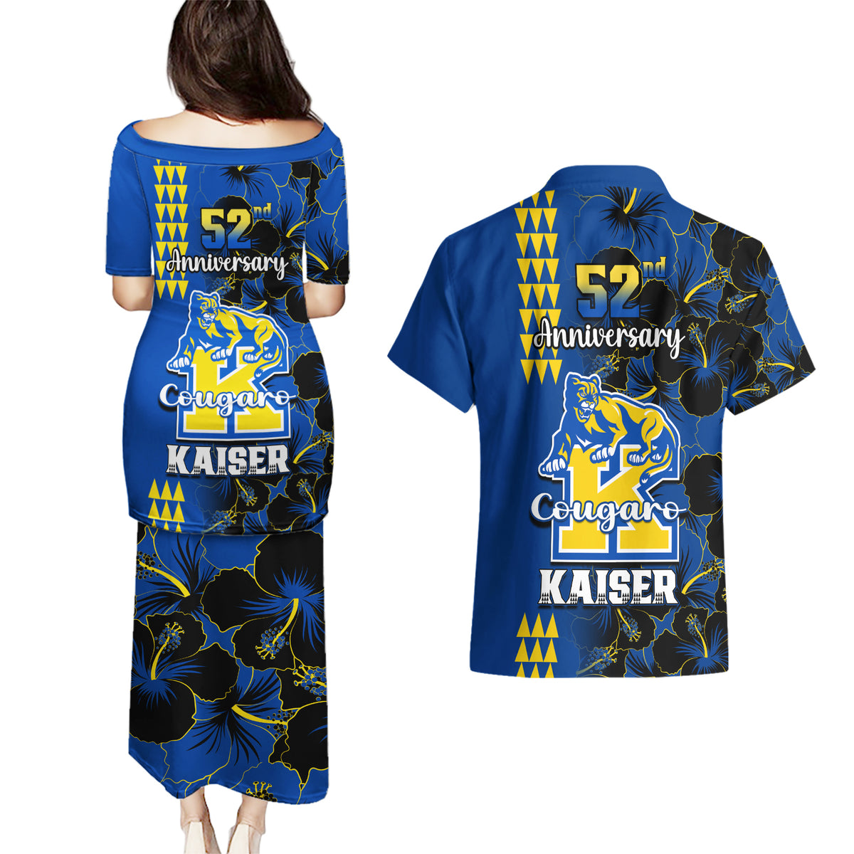 Hawaii Kaiser High School Couples Matching Puletasi Dress and Hawaiian Shirt Kakau Mix Hibiscus Happy 52nd Anniversary - Wonder Print Shop