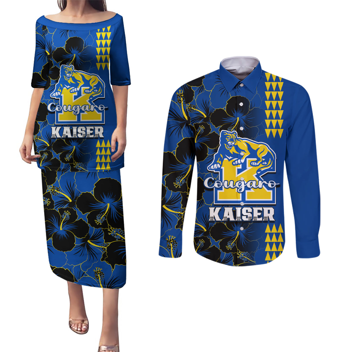 Hawaii Kaiser High School Couples Matching Puletasi Dress and Long Sleeve Button Shirts Kakau Mix Hibiscus Happy 52nd Anniversary - Wonder Print Shop