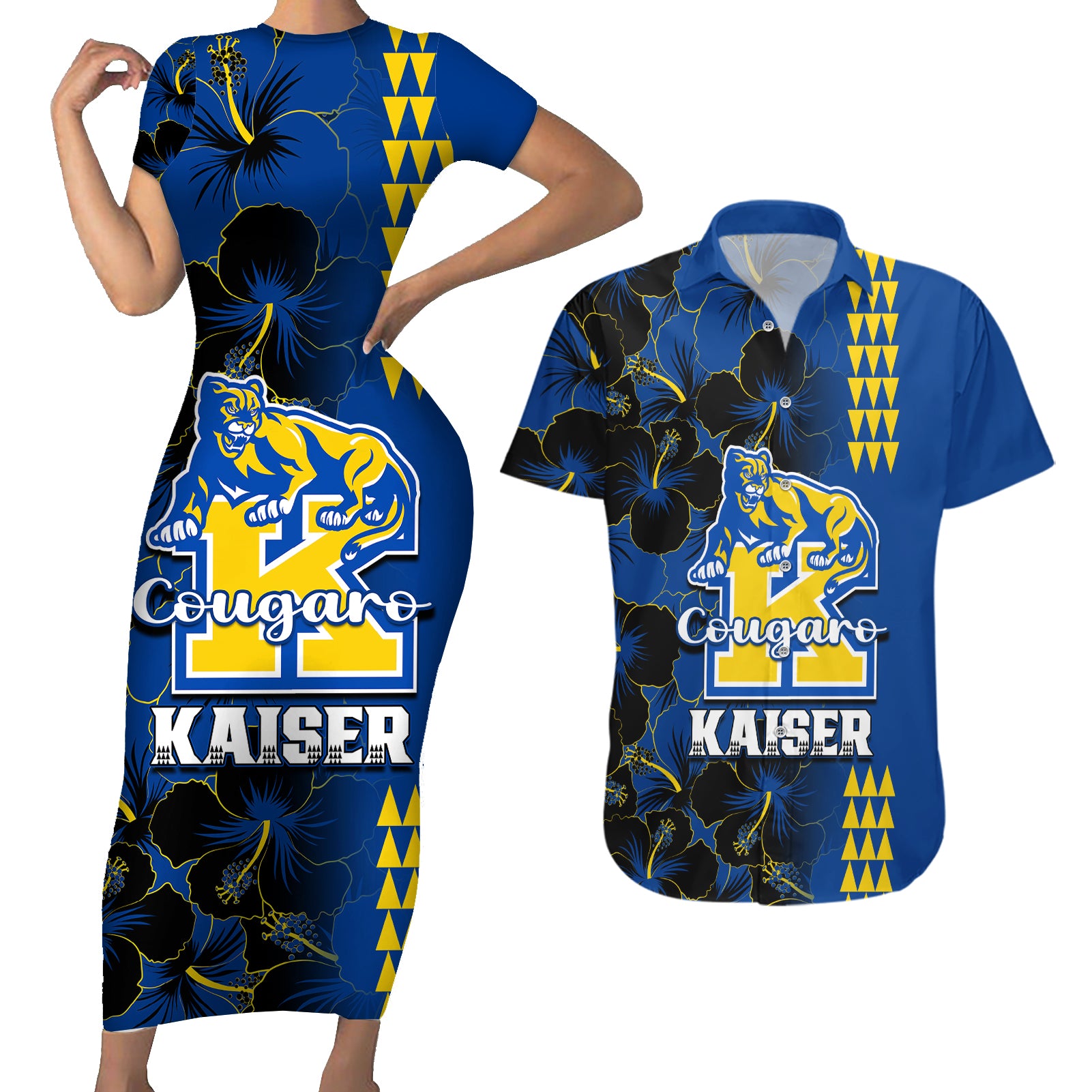 Hawaii Kaiser High School Couples Matching Short Sleeve Bodycon Dress and Hawaiian Shirt Kakau Mix Hibiscus Happy 52nd Anniversary - Wonder Print Shop