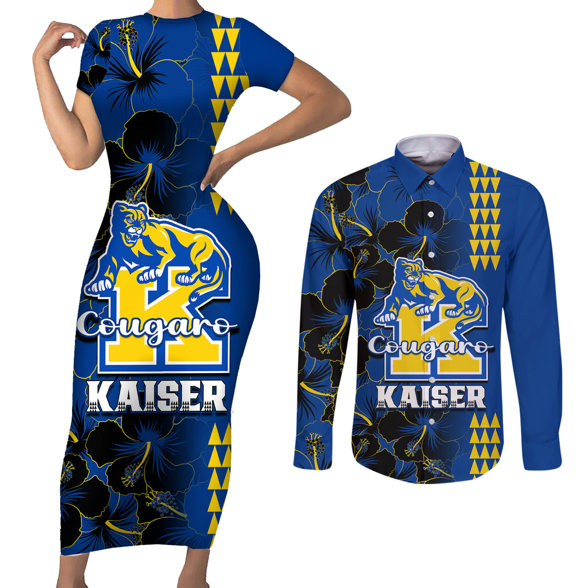 Hawaii Kaiser High School Couples Matching Short Sleeve Bodycon Dress and Long Sleeve Button Shirts Kakau Mix Hibiscus Happy 52nd Anniversary - Wonder Print Shop