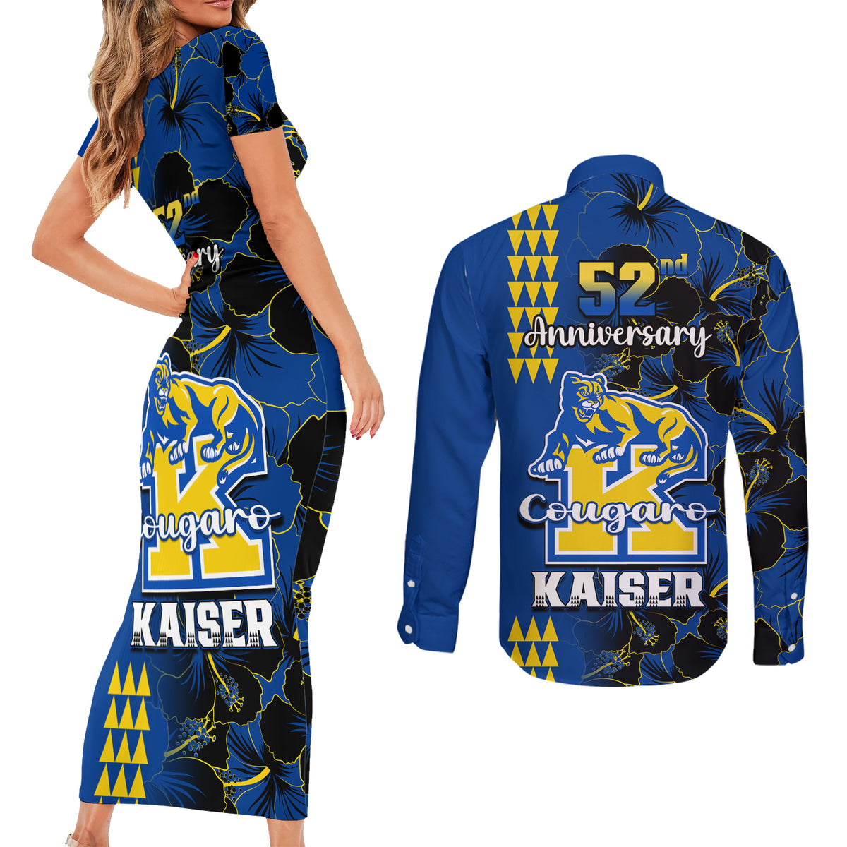 Hawaii Kaiser High School Couples Matching Short Sleeve Bodycon Dress and Long Sleeve Button Shirts Kakau Mix Hibiscus Happy 52nd Anniversary - Wonder Print Shop