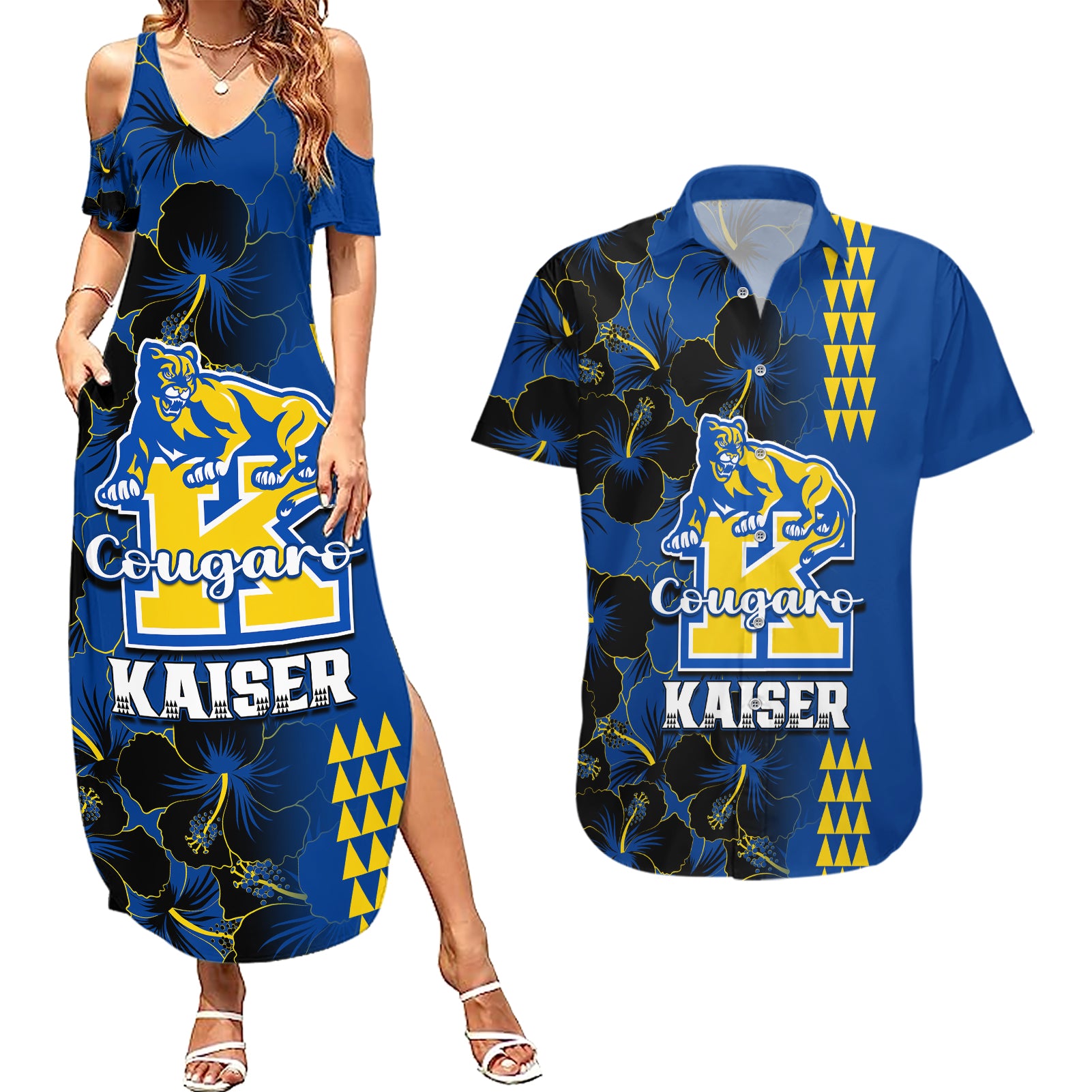 Hawaii Kaiser High School Couples Matching Summer Maxi Dress and Hawaiian Shirt Kakau Mix Hibiscus Happy 52nd Anniversary - Wonder Print Shop