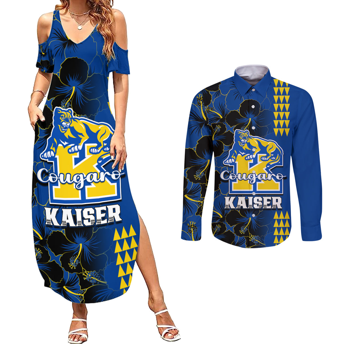 Hawaii Kaiser High School Couples Matching Summer Maxi Dress and Long Sleeve Button Shirts Kakau Mix Hibiscus Happy 52nd Anniversary - Wonder Print Shop