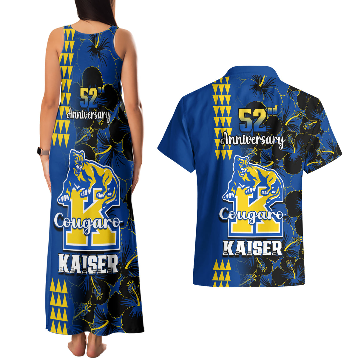 Hawaii Kaiser High School Couples Matching Tank Maxi Dress and Hawaiian Shirt Kakau Mix Hibiscus Happy 52nd Anniversary - Wonder Print Shop