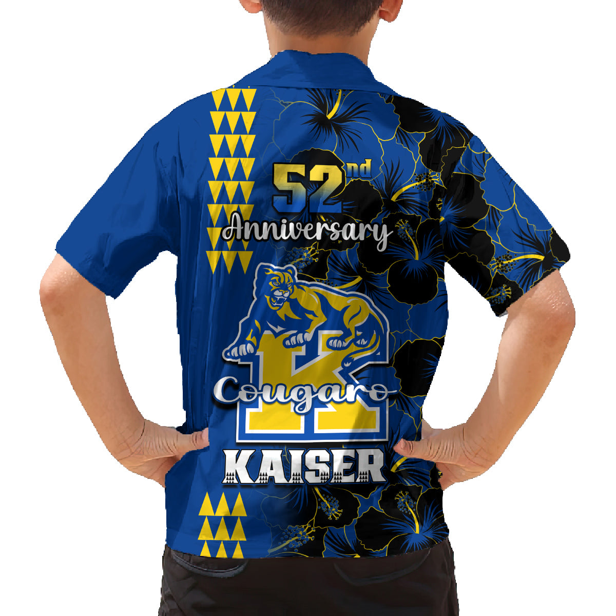 Hawaii Kaiser High School Family Matching Long Sleeve Bodycon Dress and Hawaiian Shirt Kakau Mix Hibiscus Happy 52nd Anniversary - Wonder Print Shop