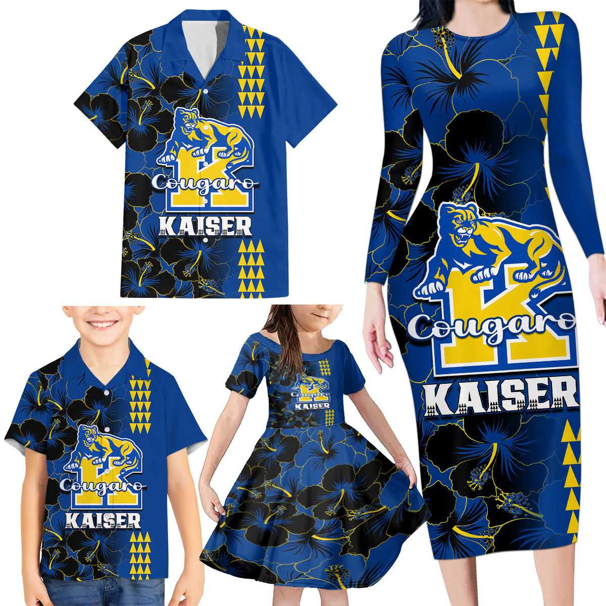 Hawaii Kaiser High School Family Matching Long Sleeve Bodycon Dress and Hawaiian Shirt Kakau Mix Hibiscus Happy 52nd Anniversary - Wonder Print Shop