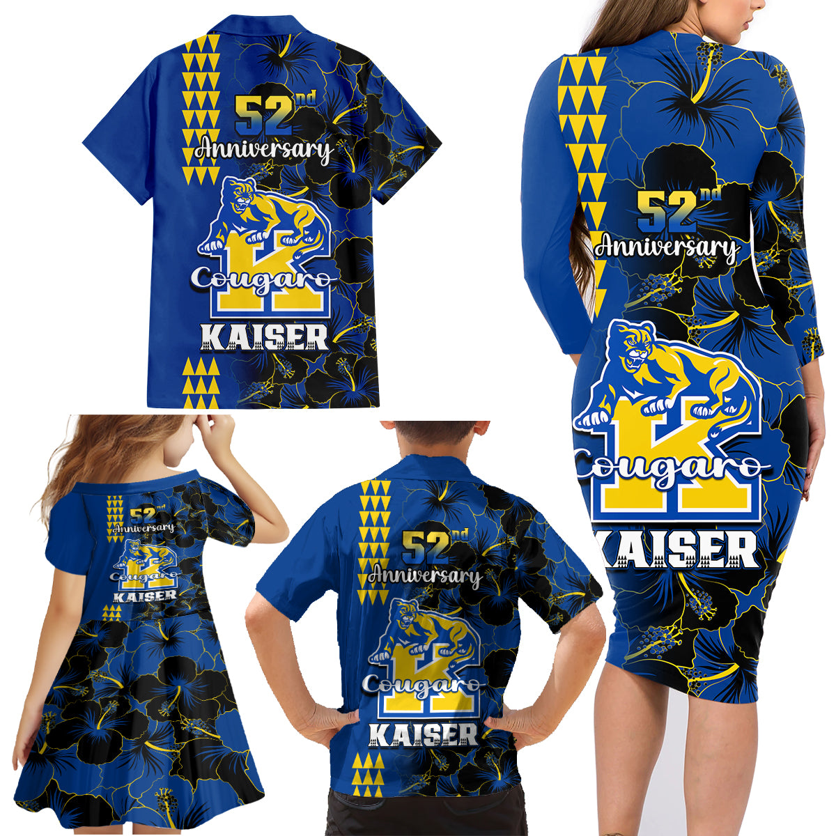 Hawaii Kaiser High School Family Matching Long Sleeve Bodycon Dress and Hawaiian Shirt Kakau Mix Hibiscus Happy 52nd Anniversary - Wonder Print Shop