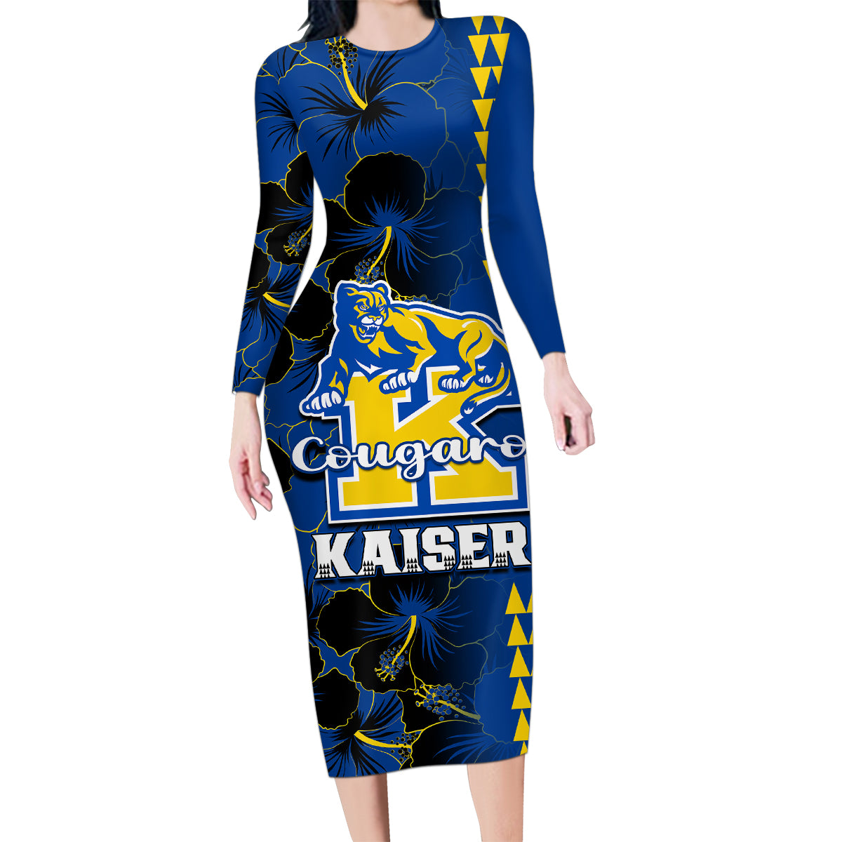 Hawaii Kaiser High School Family Matching Long Sleeve Bodycon Dress and Hawaiian Shirt Kakau Mix Hibiscus Happy 52nd Anniversary - Wonder Print Shop