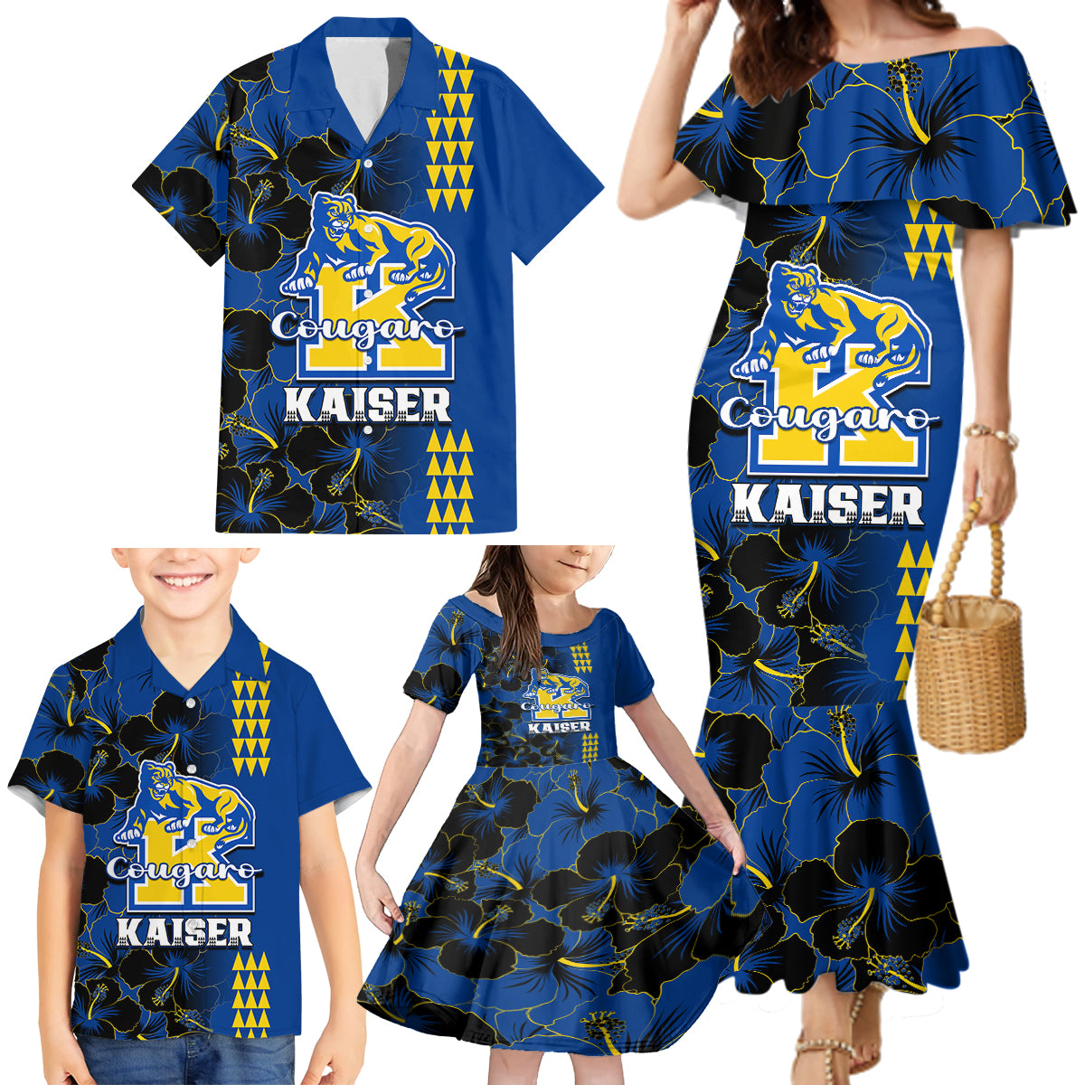 Hawaii Kaiser High School Family Matching Mermaid Dress and Hawaiian Shirt Kakau Mix Hibiscus Happy 52nd Anniversary - Wonder Print Shop
