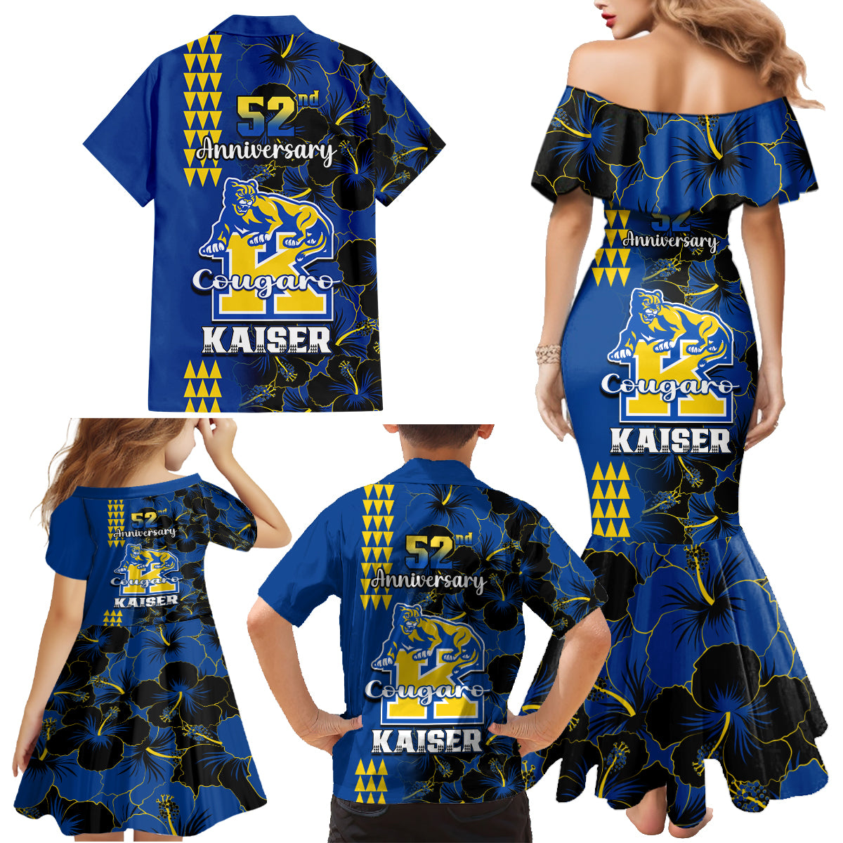 Hawaii Kaiser High School Family Matching Mermaid Dress and Hawaiian Shirt Kakau Mix Hibiscus Happy 52nd Anniversary - Wonder Print Shop