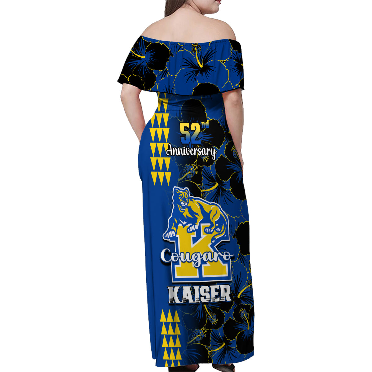 Hawaii Kaiser High School Family Matching Off Shoulder Maxi Dress and Hawaiian Shirt Kakau Mix Hibiscus Happy 52nd Anniversary - Wonder Print Shop