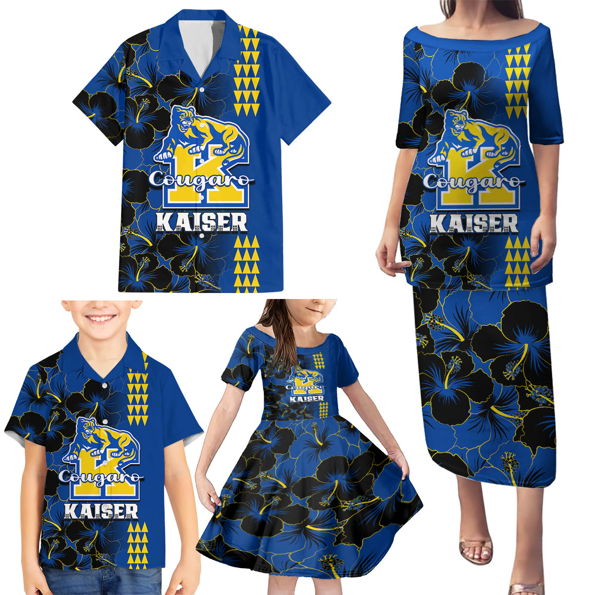 Hawaii Kaiser High School Family Matching Puletasi Dress and Hawaiian Shirt Kakau Mix Hibiscus Happy 52nd Anniversary - Wonder Print Shop