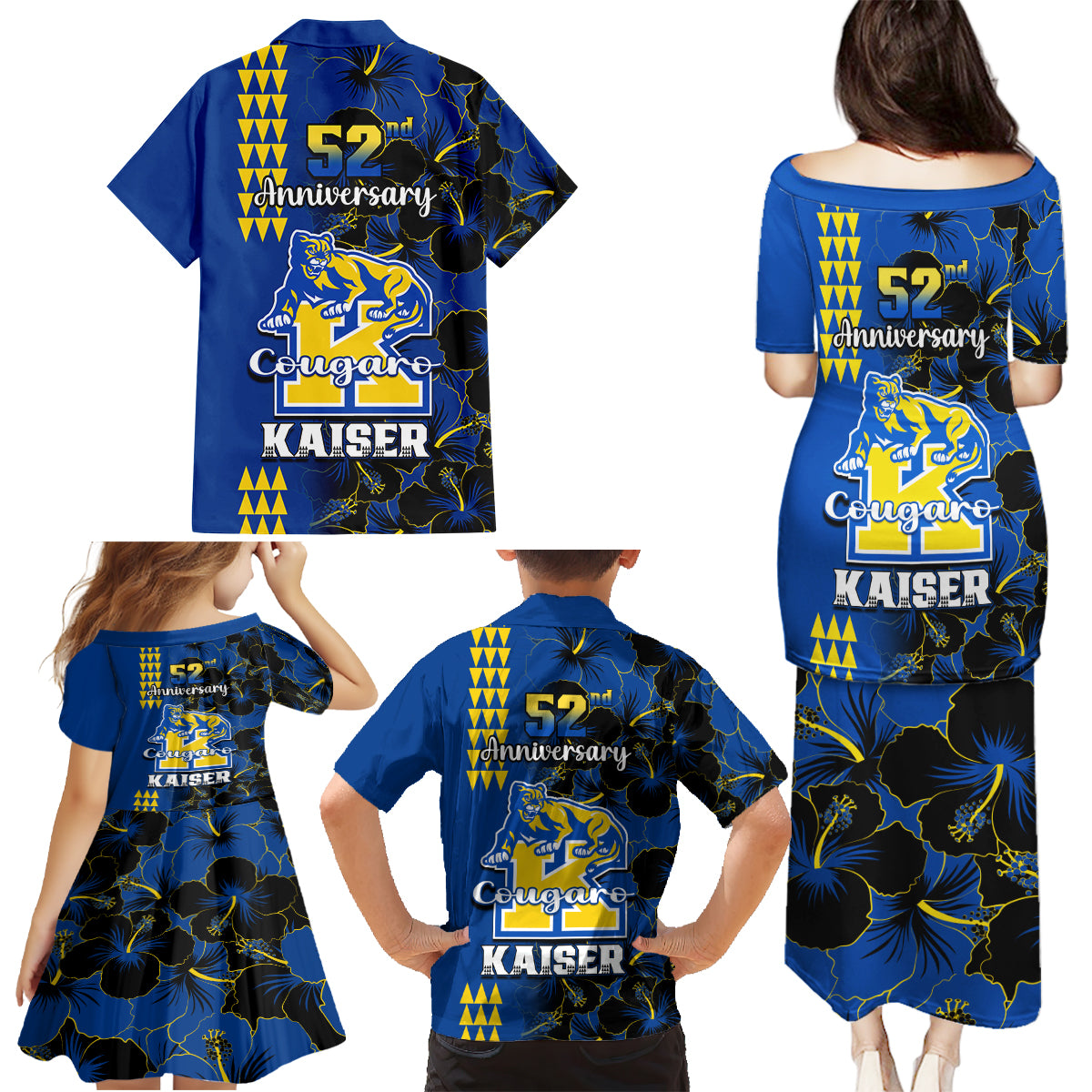 Hawaii Kaiser High School Family Matching Puletasi Dress and Hawaiian Shirt Kakau Mix Hibiscus Happy 52nd Anniversary - Wonder Print Shop