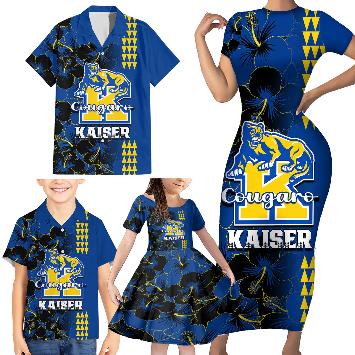 Hawaii Kaiser High School Family Matching Short Sleeve Bodycon Dress and Hawaiian Shirt Kakau Mix Hibiscus Happy 52nd Anniversary - Wonder Print Shop