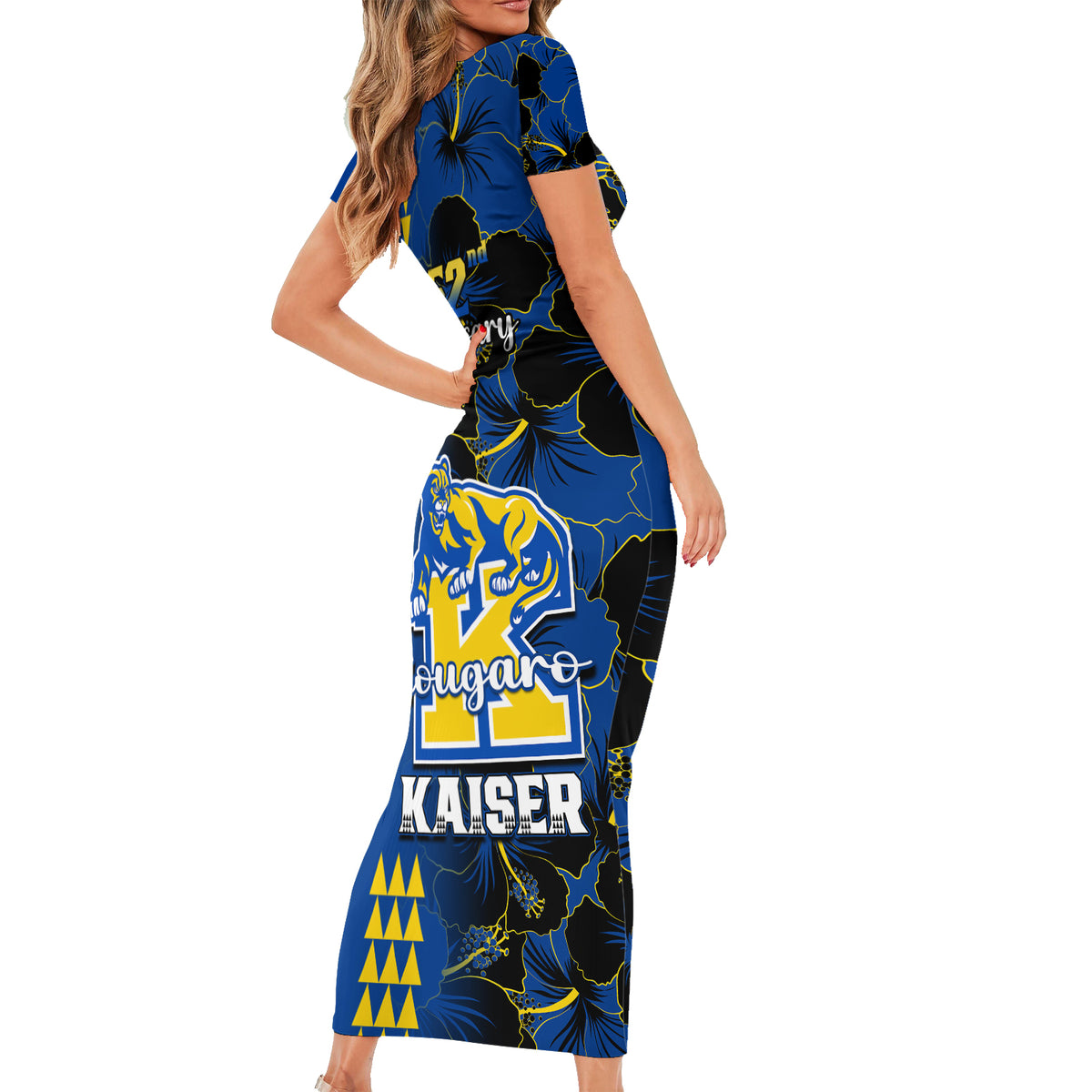 Hawaii Kaiser High School Family Matching Short Sleeve Bodycon Dress and Hawaiian Shirt Kakau Mix Hibiscus Happy 52nd Anniversary - Wonder Print Shop