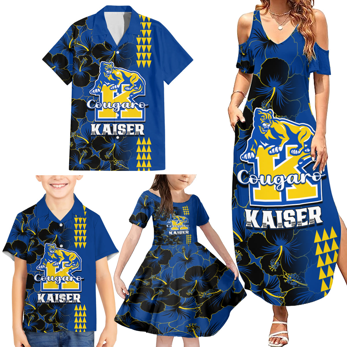 Hawaii Kaiser High School Family Matching Summer Maxi Dress and Hawaiian Shirt Kakau Mix Hibiscus Happy 52nd Anniversary - Wonder Print Shop