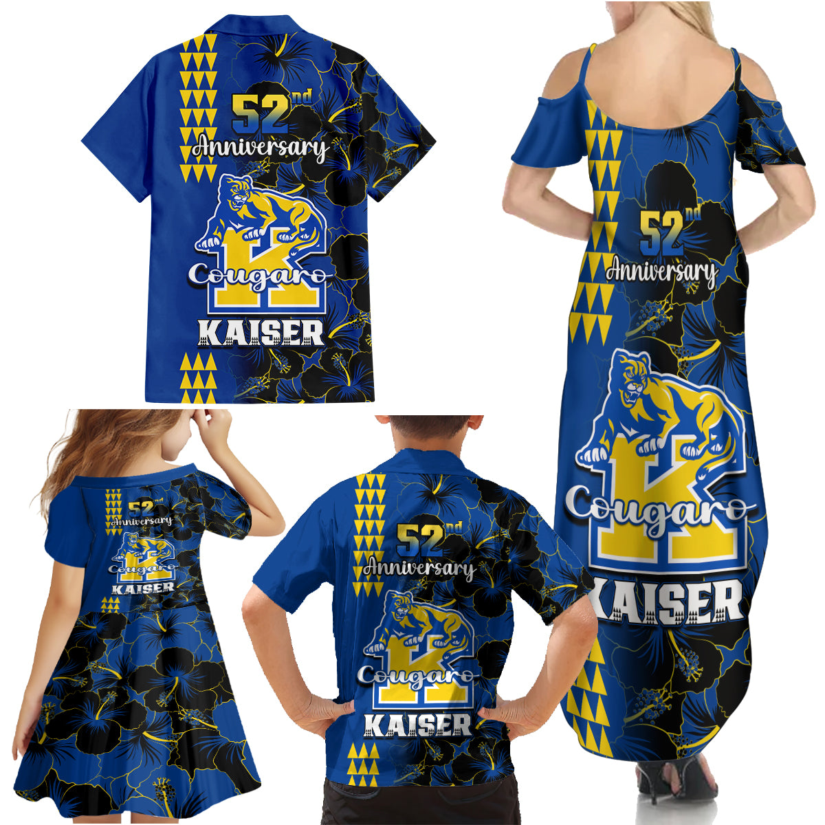 Hawaii Kaiser High School Family Matching Summer Maxi Dress and Hawaiian Shirt Kakau Mix Hibiscus Happy 52nd Anniversary - Wonder Print Shop