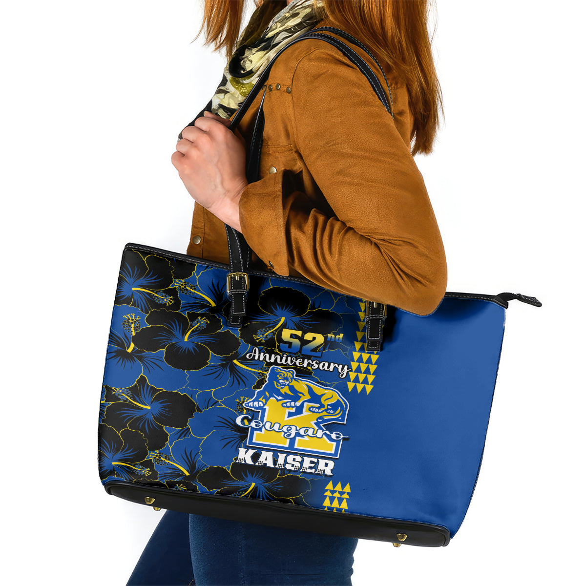 Hawaii Kaiser High School Leather Tote Bag Kakau Mix Hibiscus Happy 52nd Anniversary - Wonder Print Shop