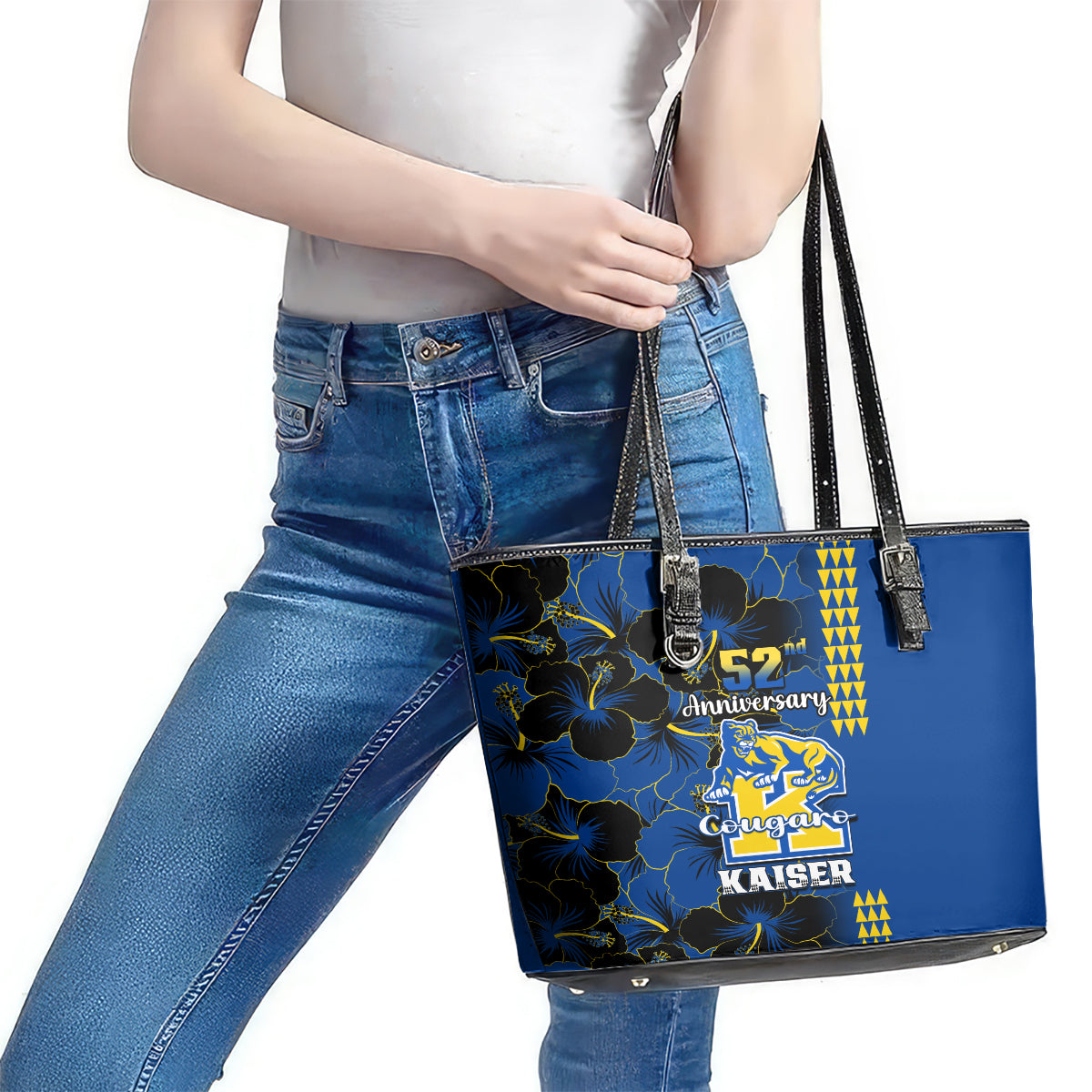 Hawaii Kaiser High School Leather Tote Bag Kakau Mix Hibiscus Happy 52nd Anniversary - Wonder Print Shop