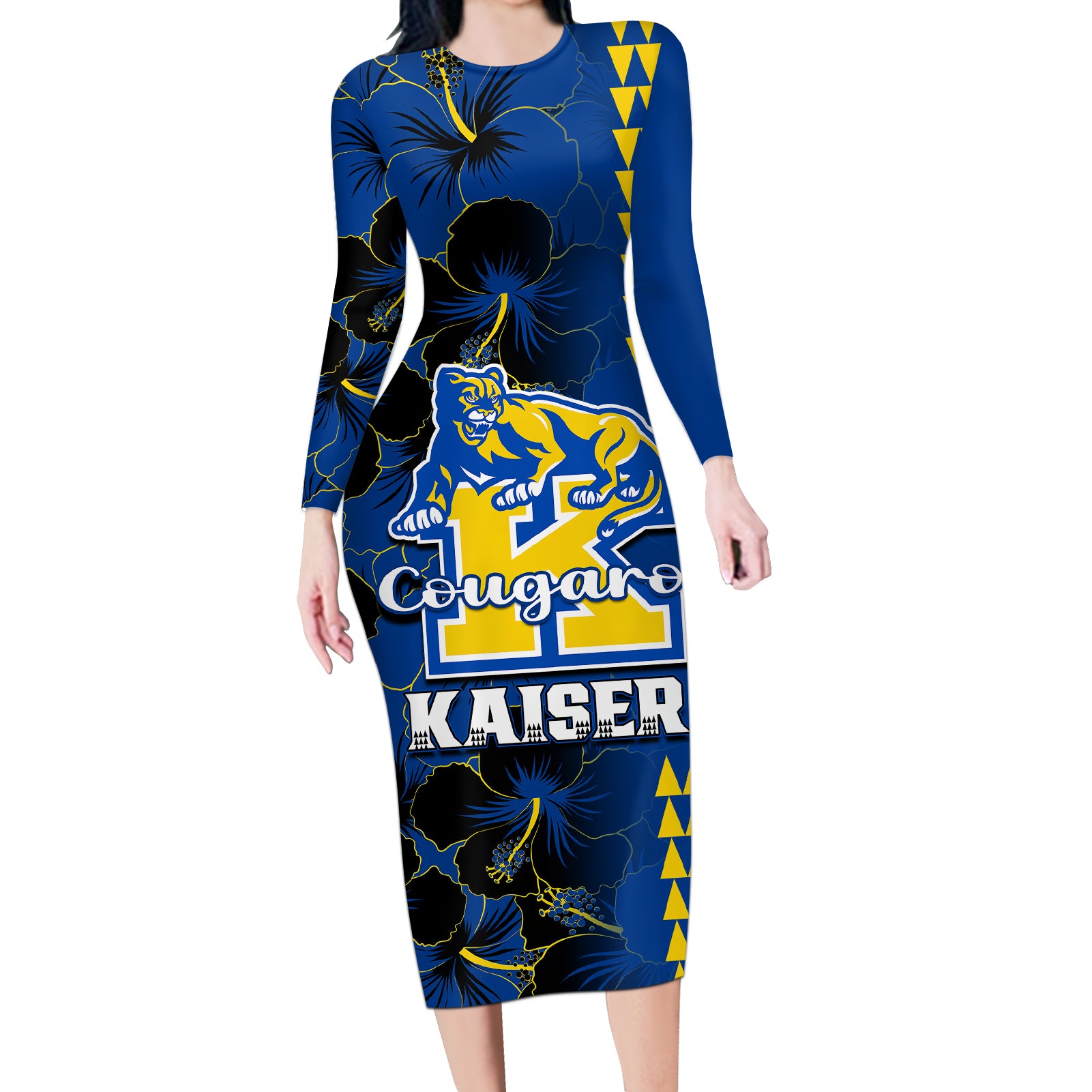 Hawaii Kaiser High School Long Sleeve Bodycon Dress Kakau Mix Hibiscus Happy 52nd Anniversary - Wonder Print Shop