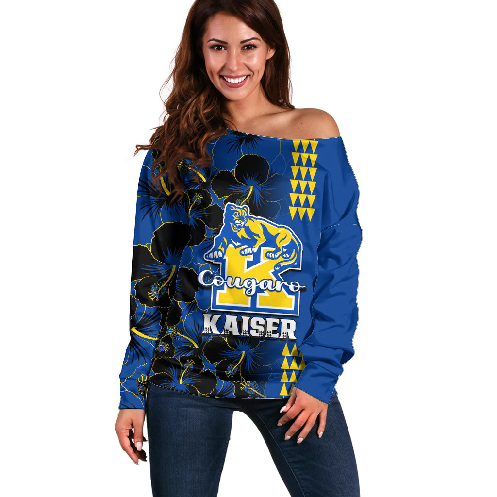 Hawaii Kaiser High School Off Shoulder Sweater Kakau Mix Hibiscus Happy 52nd Anniversary - Wonder Print Shop