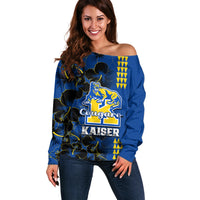 Hawaii Kaiser High School Off Shoulder Sweater Kakau Mix Hibiscus Happy 52nd Anniversary - Wonder Print Shop