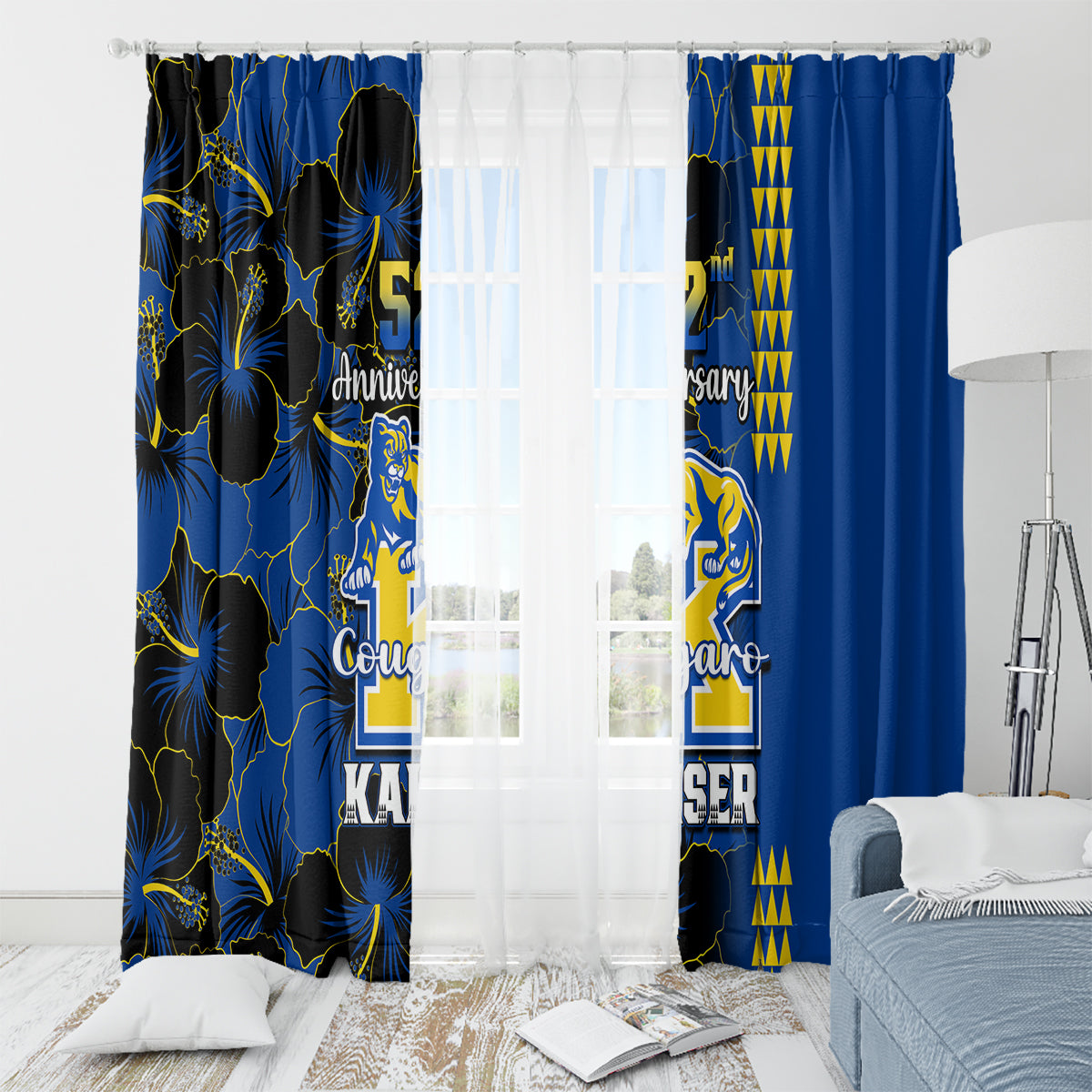 Hawaii Kaiser High School Window Curtain Kakau Mix Hibiscus Happy 52nd Anniversary - Wonder Print Shop