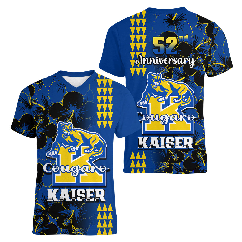 Hawaii Kaiser High School Women V Neck T Shirt Kakau Mix Hibiscus Happy 52nd Anniversary - Wonder Print Shop