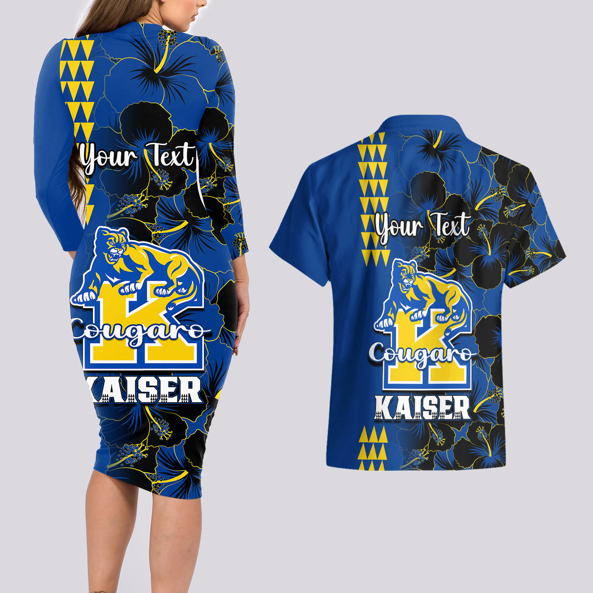Personalised Hawaii Kaiser High School Couples Matching Long Sleeve Bodycon Dress and Hawaiian Shirt Kakau Mix Hibiscus Happy 52nd Anniversary - Wonder Print Shop