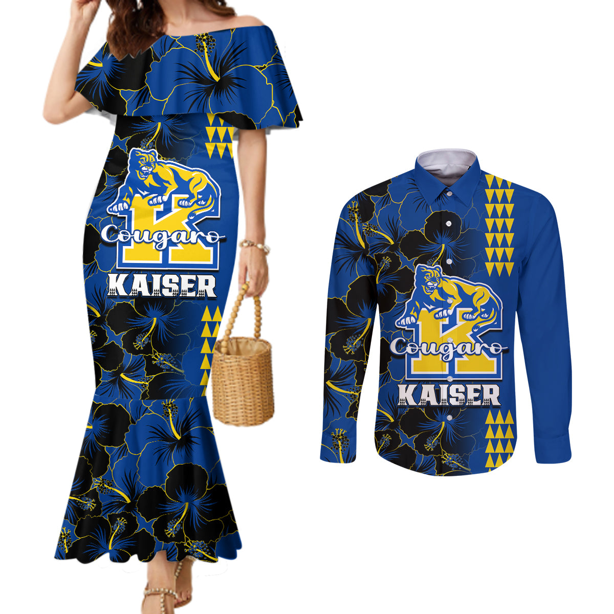 personalised-hawaii-kaiser-high-school-couples-matching-mermaid-dress-and-long-sleeve-button-shirts-kakau-mix-hibiscus-happy-52nd-anniversary