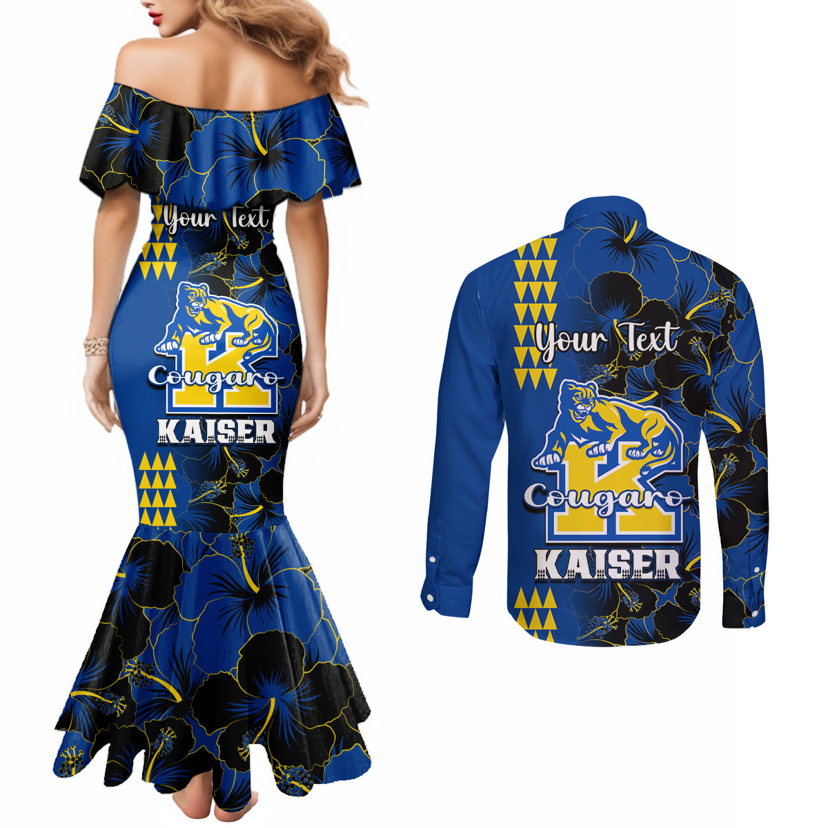 personalised-hawaii-kaiser-high-school-couples-matching-mermaid-dress-and-long-sleeve-button-shirts-kakau-mix-hibiscus-happy-52nd-anniversary