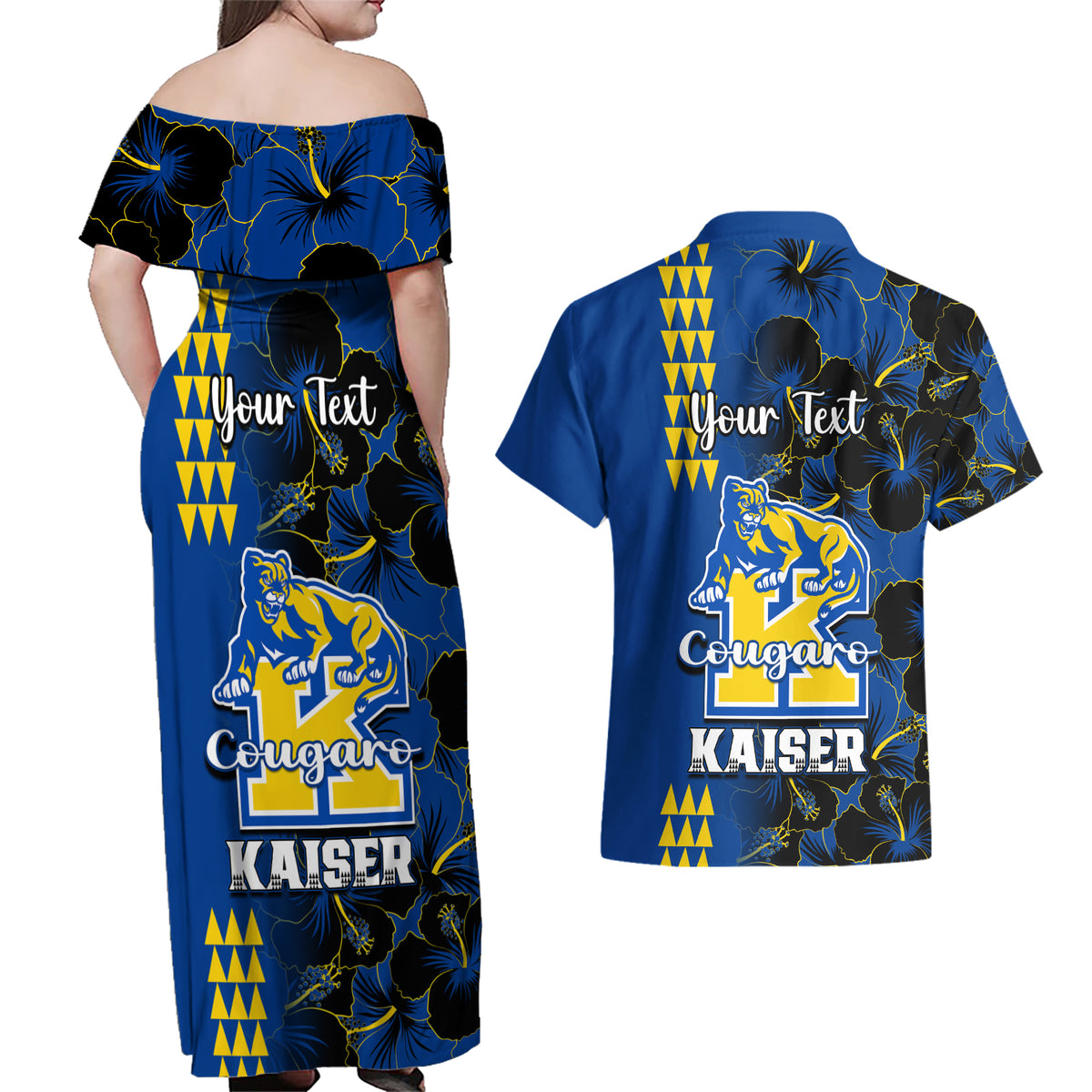 Personalised Hawaii Kaiser High School Couples Matching Off Shoulder Maxi Dress and Hawaiian Shirt Kakau Mix Hibiscus Happy 52nd Anniversary - Wonder Print Shop