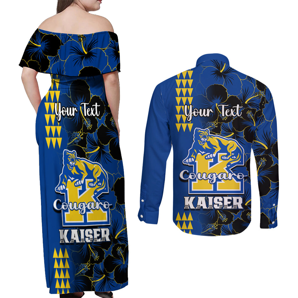 Personalised Hawaii Kaiser High School Couples Matching Off Shoulder Maxi Dress and Long Sleeve Button Shirts Kakau Mix Hibiscus Happy 52nd Anniversary - Wonder Print Shop