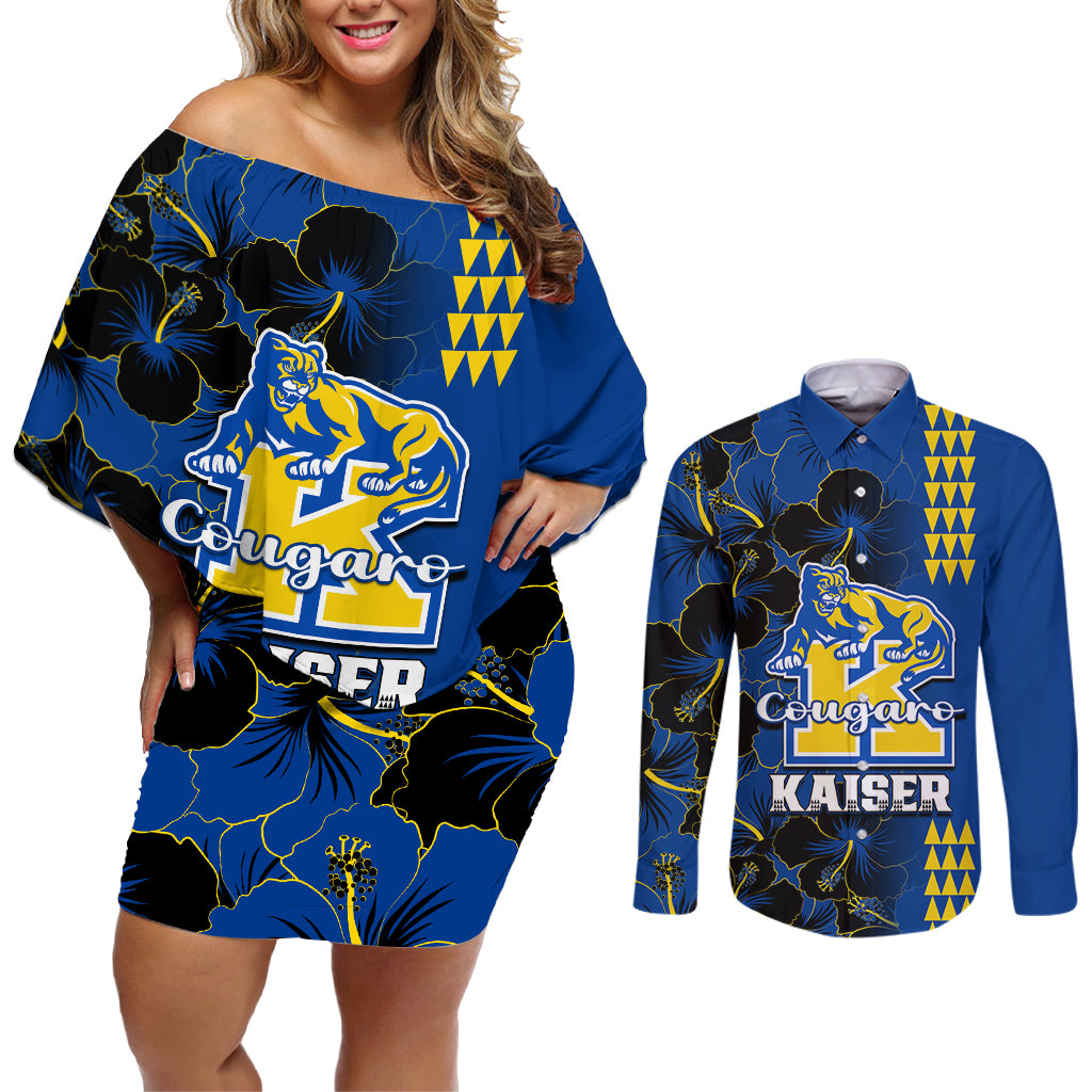 Personalised Hawaii Kaiser High School Couples Matching Off Shoulder Short Dress and Long Sleeve Button Shirts Kakau Mix Hibiscus Happy 52nd Anniversary - Wonder Print Shop