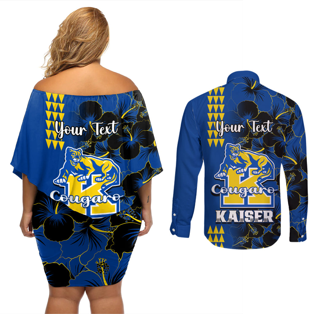 Personalised Hawaii Kaiser High School Couples Matching Off Shoulder Short Dress and Long Sleeve Button Shirts Kakau Mix Hibiscus Happy 52nd Anniversary - Wonder Print Shop