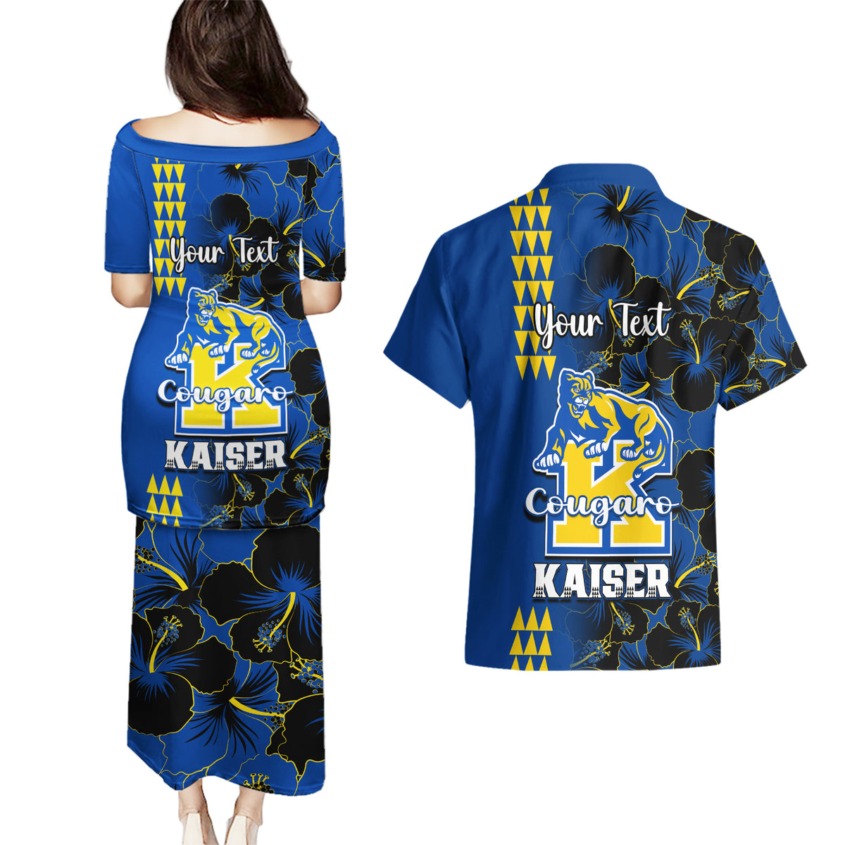 Personalised Hawaii Kaiser High School Couples Matching Puletasi Dress and Hawaiian Shirt Kakau Mix Hibiscus Happy 52nd Anniversary - Wonder Print Shop