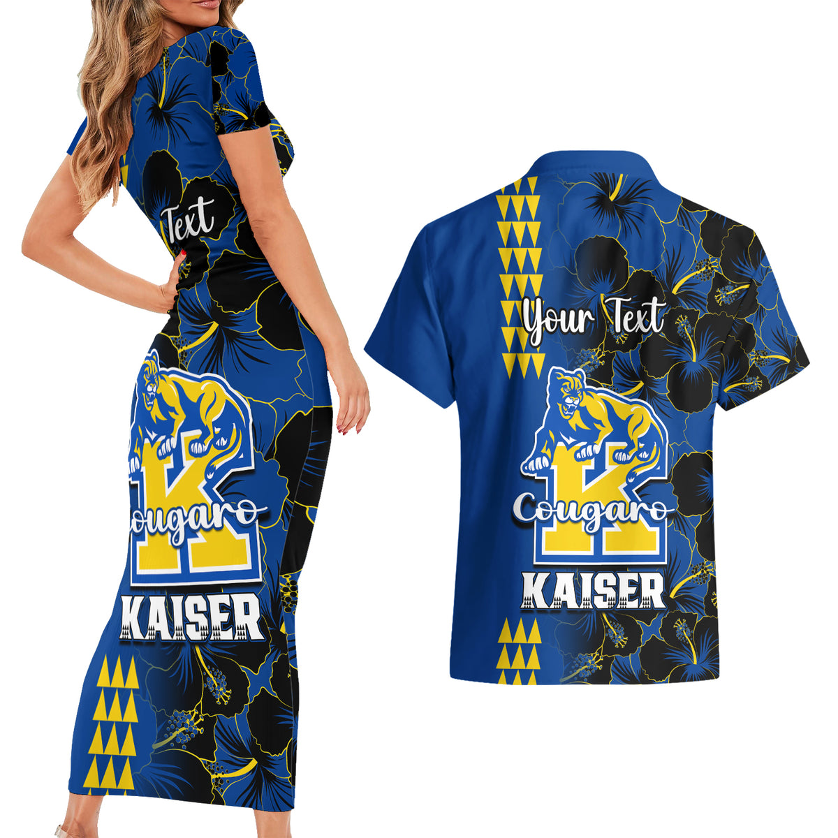 Personalised Hawaii Kaiser High School Couples Matching Short Sleeve Bodycon Dress and Hawaiian Shirt Kakau Mix Hibiscus Happy 52nd Anniversary - Wonder Print Shop