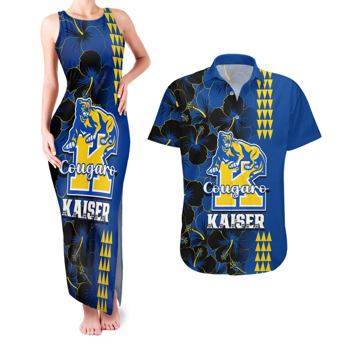 Personalised Hawaii Kaiser High School Couples Matching Tank Maxi Dress and Hawaiian Shirt Kakau Mix Hibiscus Happy 52nd Anniversary - Wonder Print Shop