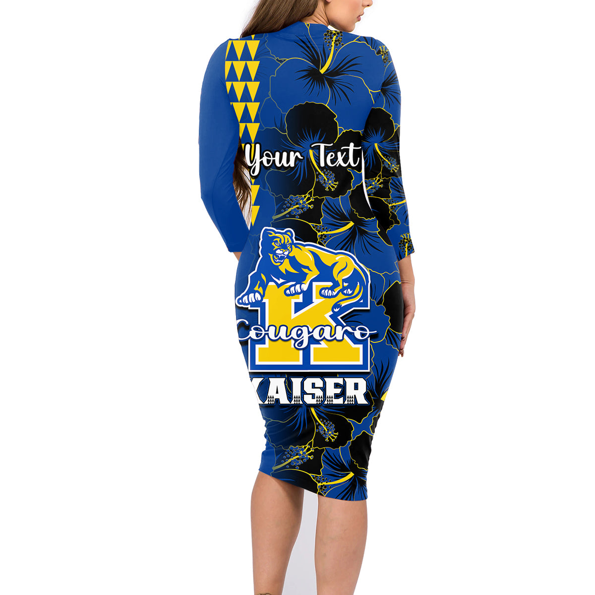 Personalised Hawaii Kaiser High School Family Matching Long Sleeve Bodycon Dress and Hawaiian Shirt Kakau Mix Hibiscus Happy 52nd Anniversary - Wonder Print Shop