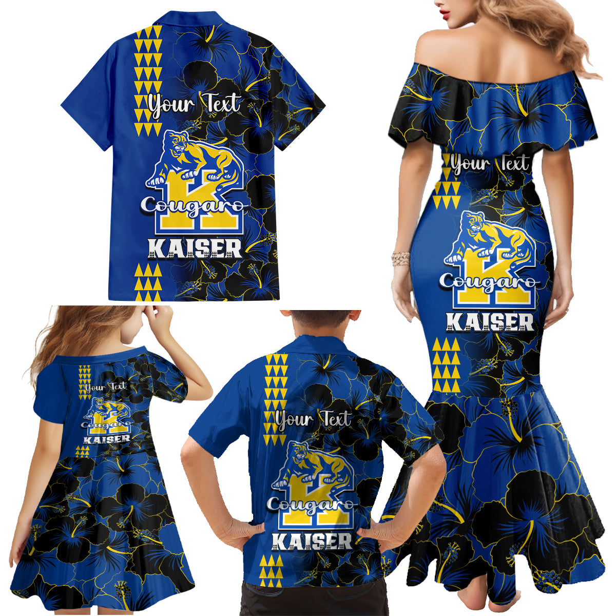 Personalised Hawaii Kaiser High School Family Matching Mermaid Dress and Hawaiian Shirt Kakau Mix Hibiscus Happy 52nd Anniversary - Wonder Print Shop