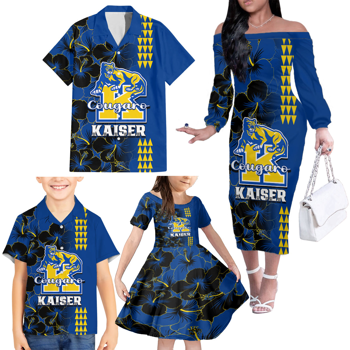 Personalised Hawaii Kaiser High School Family Matching Off Shoulder Long Sleeve Dress and Hawaiian Shirt Kakau Mix Hibiscus Happy 52nd Anniversary - Wonder Print Shop