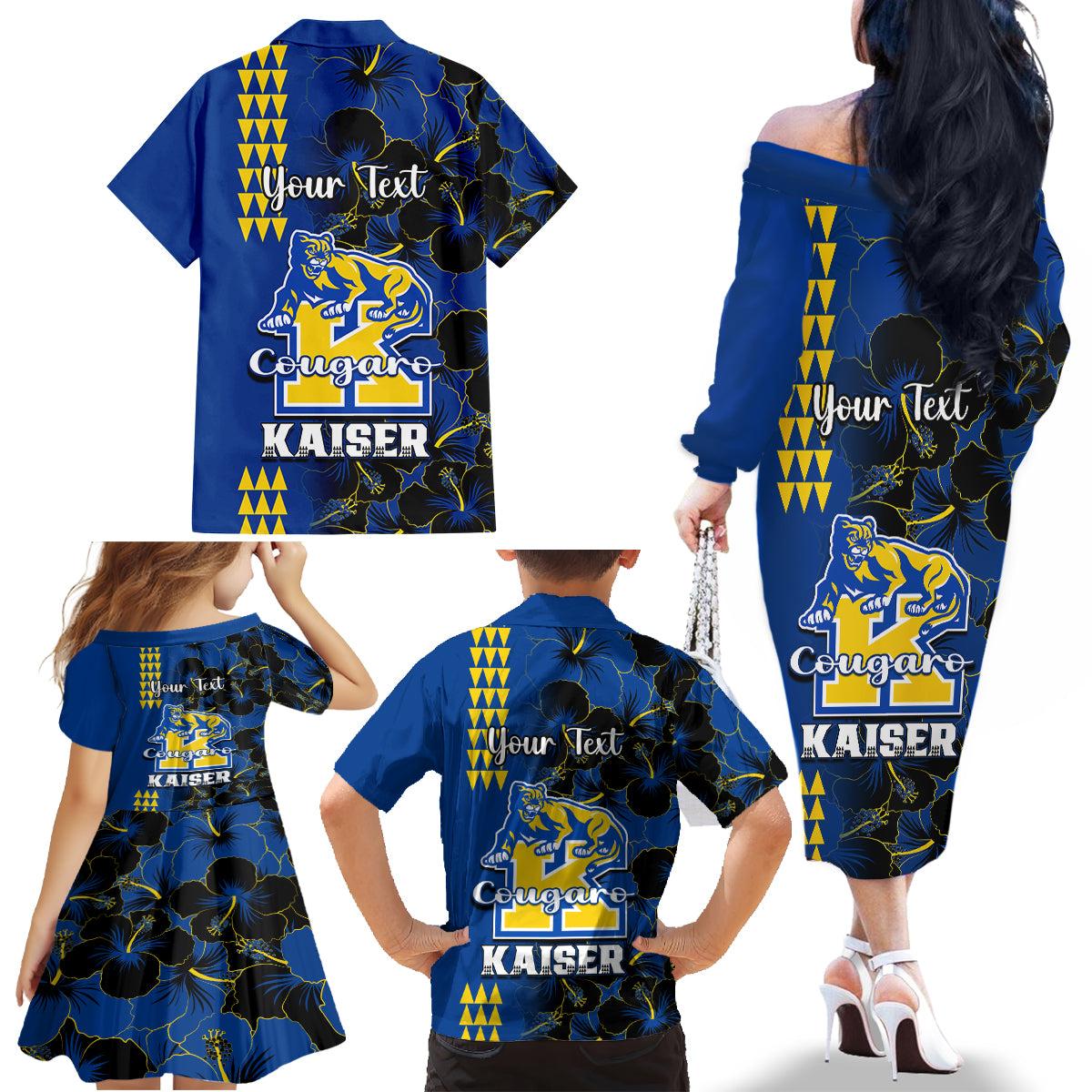 Personalised Hawaii Kaiser High School Family Matching Off Shoulder Long Sleeve Dress and Hawaiian Shirt Kakau Mix Hibiscus Happy 52nd Anniversary - Wonder Print Shop