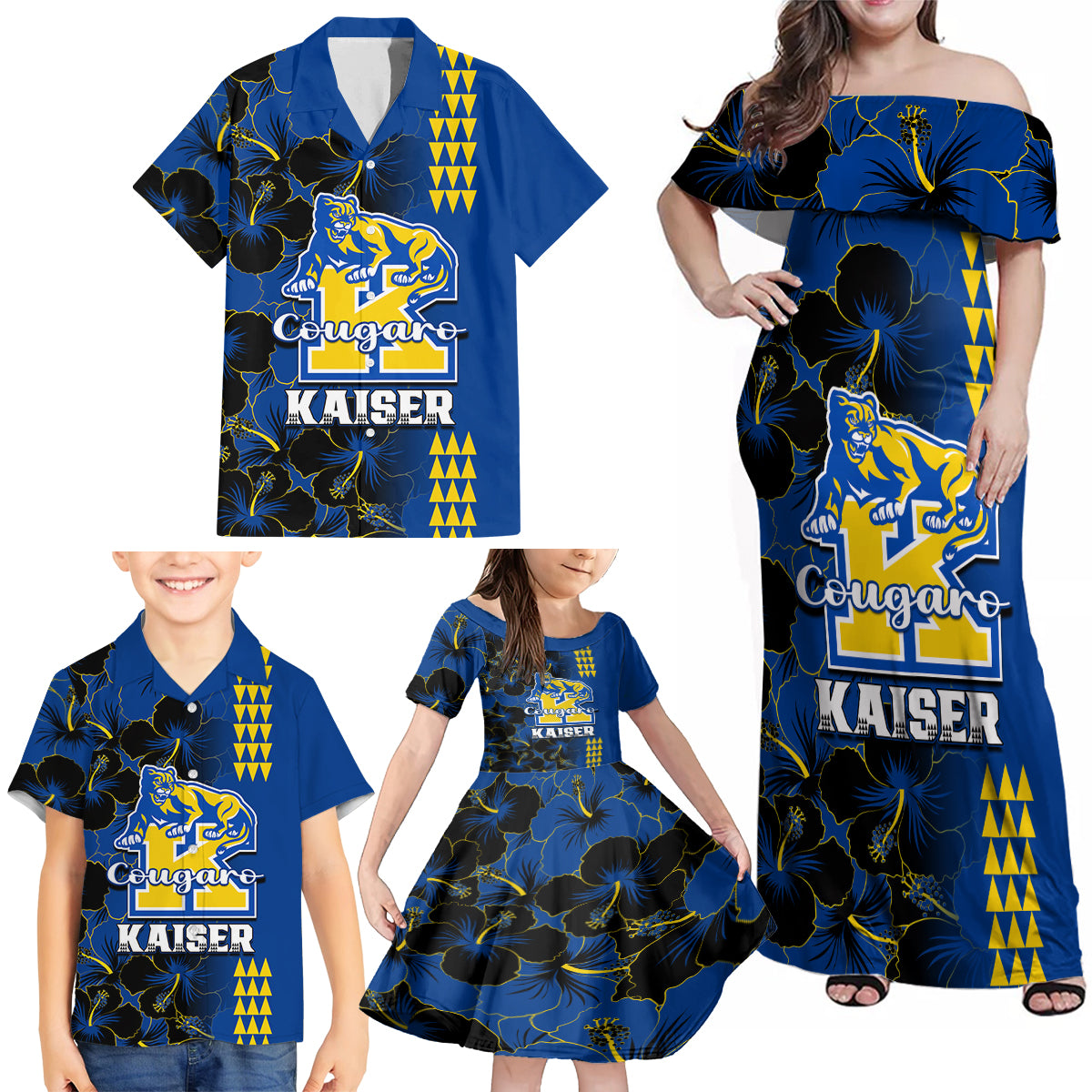 Personalised Hawaii Kaiser High School Family Matching Off Shoulder Maxi Dress and Hawaiian Shirt Kakau Mix Hibiscus Happy 52nd Anniversary - Wonder Print Shop