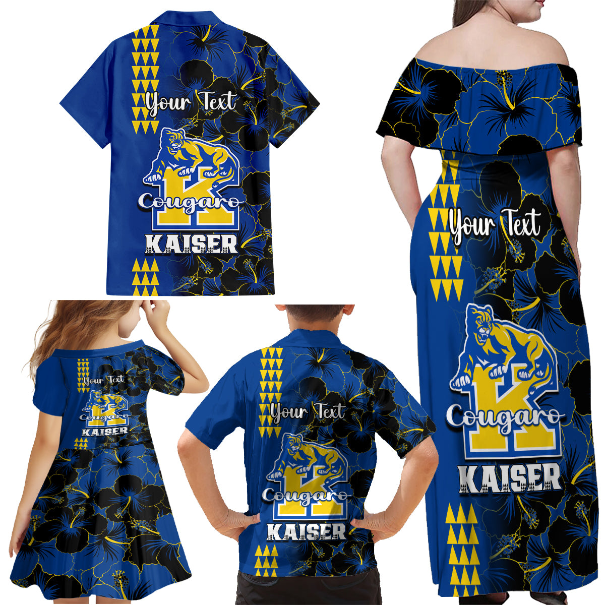 Personalised Hawaii Kaiser High School Family Matching Off Shoulder Maxi Dress and Hawaiian Shirt Kakau Mix Hibiscus Happy 52nd Anniversary - Wonder Print Shop