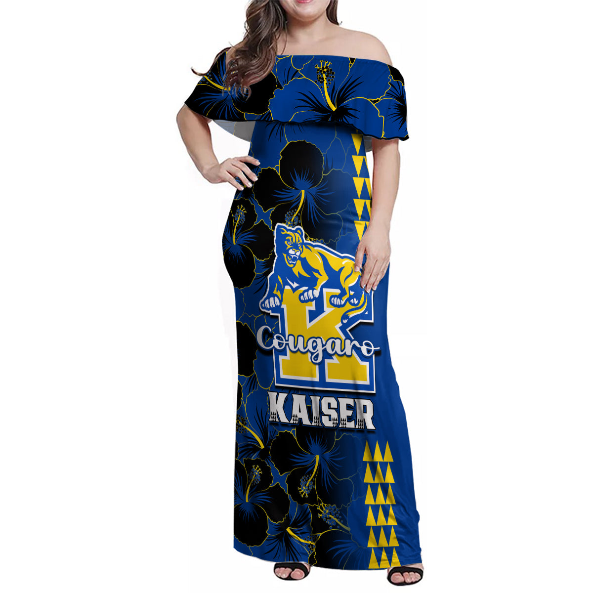 Personalised Hawaii Kaiser High School Family Matching Off Shoulder Maxi Dress and Hawaiian Shirt Kakau Mix Hibiscus Happy 52nd Anniversary - Wonder Print Shop